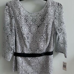 Alex Evenings lace blouse with 3/4 illusion sleeve and tie belt